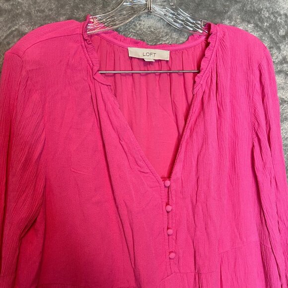 LOFT Women Colorful Bright Pink Solid Wrinkled Tiered Long Sleeve Maxi Dress L - Picture 3 of 10